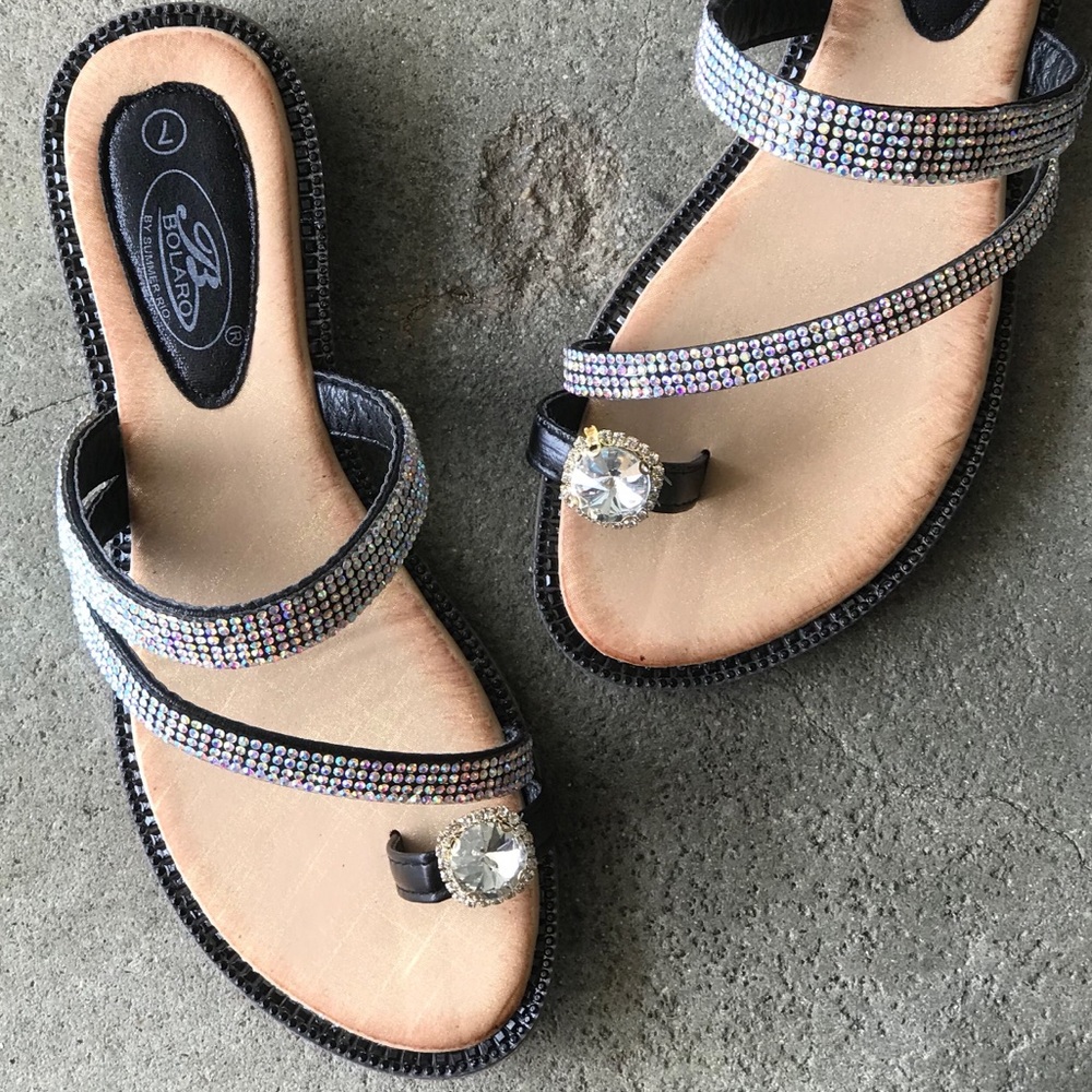 Bolaro Black Toe Ring Rhinestone Slide Sandal - Picture 2 of 8